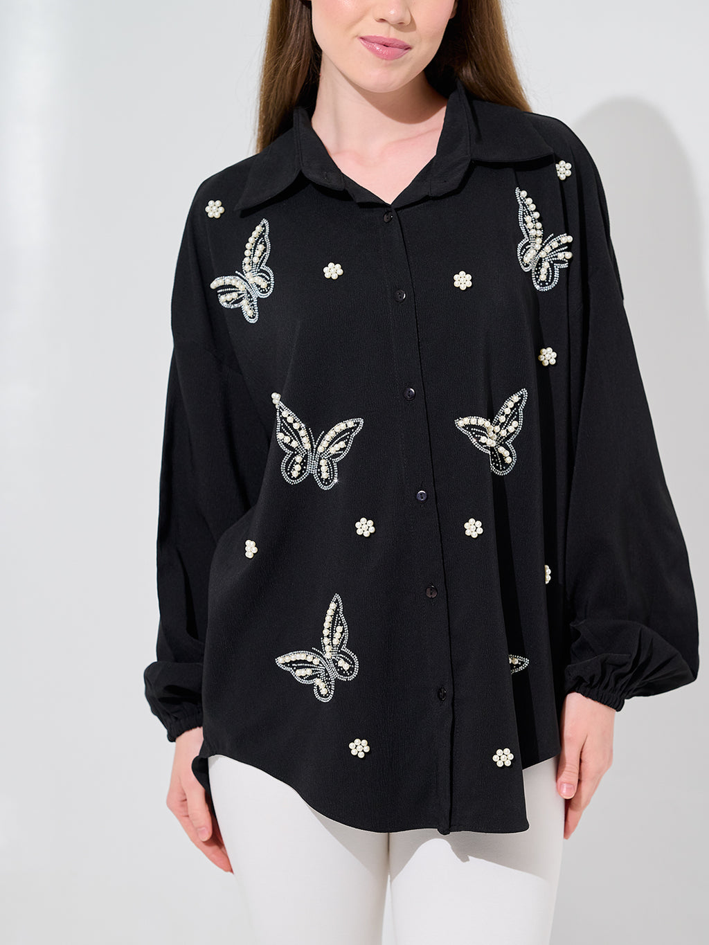 Black Butterfly Embroidered Oversized Shirt