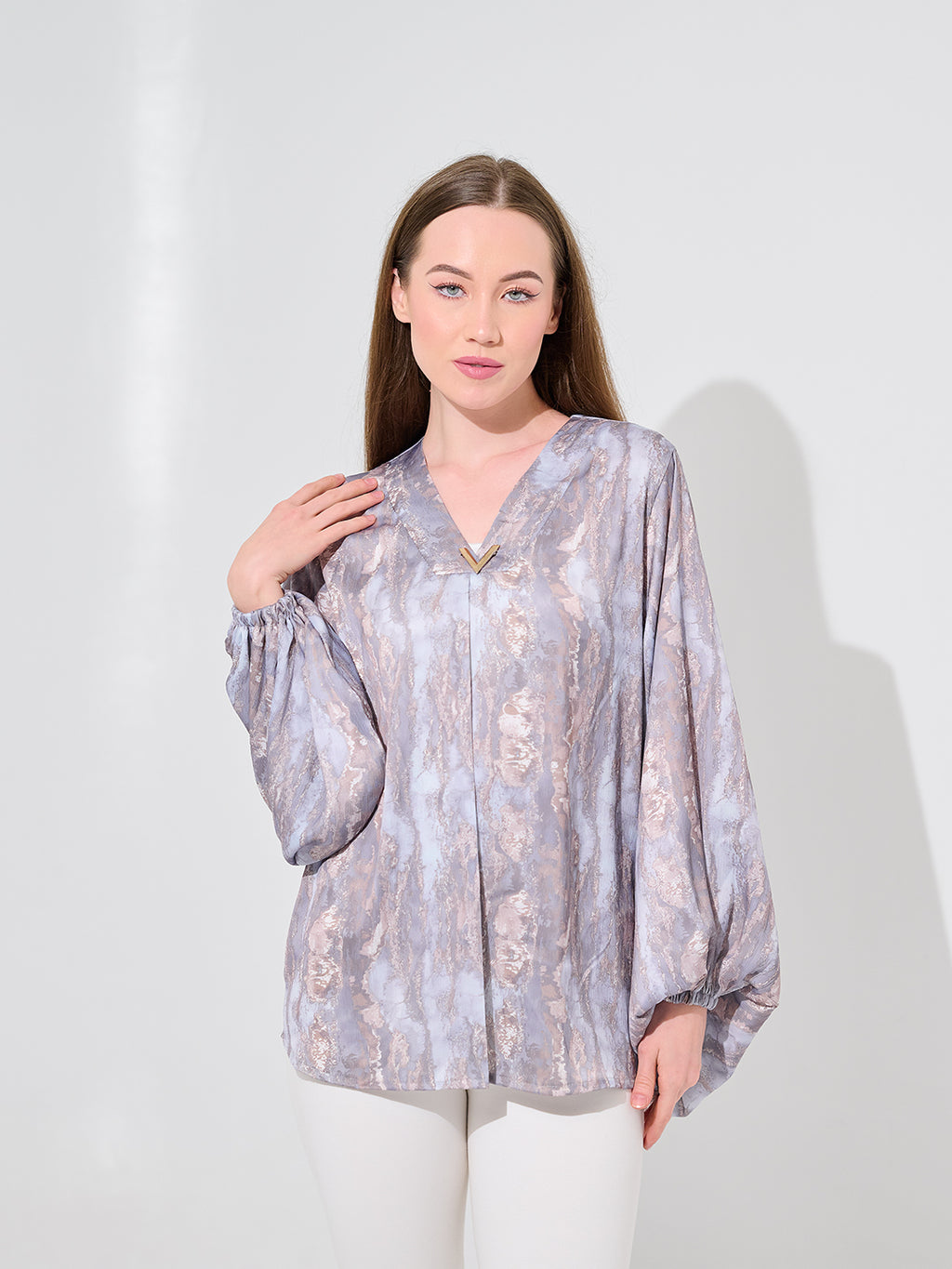 Lilac Shimmer Balloon Sleeve Blouse