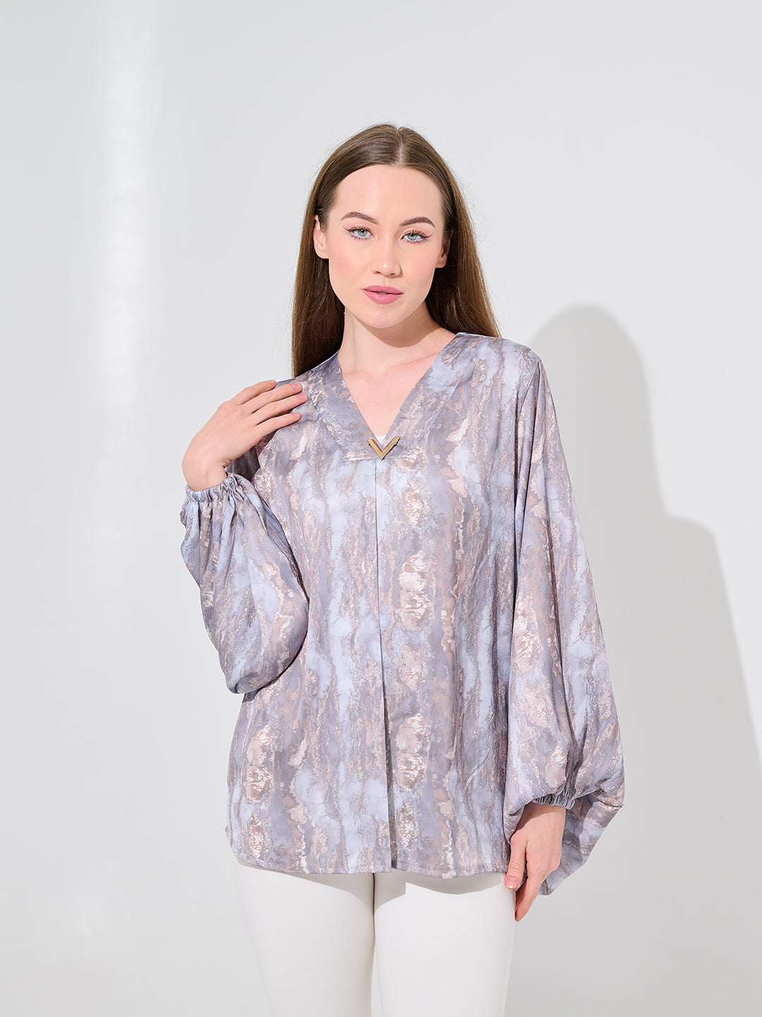 Lilac Shimmer Balloon Sleeve Blouse