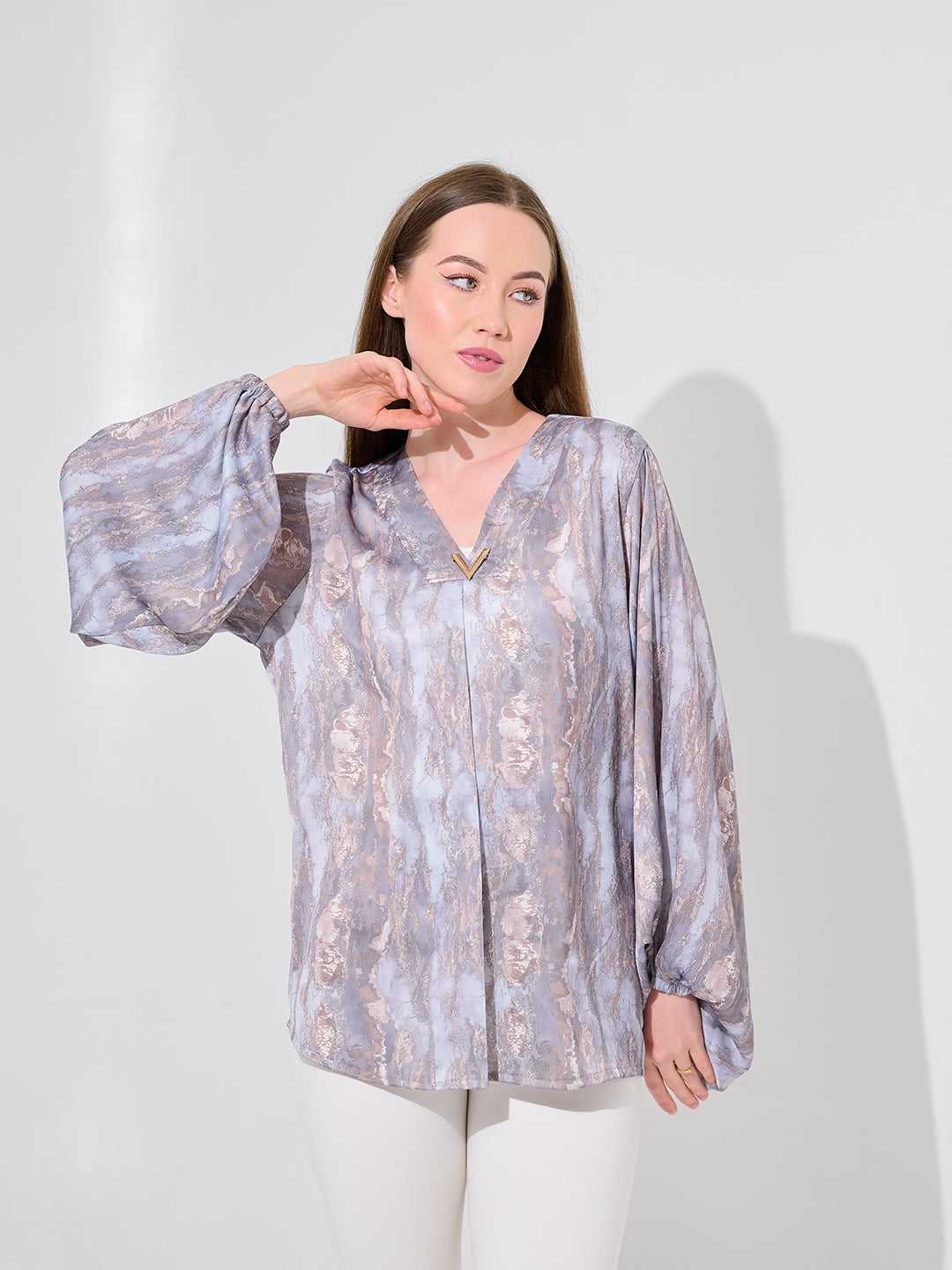 Lilac Shimmer Balloon Sleeve Blouse