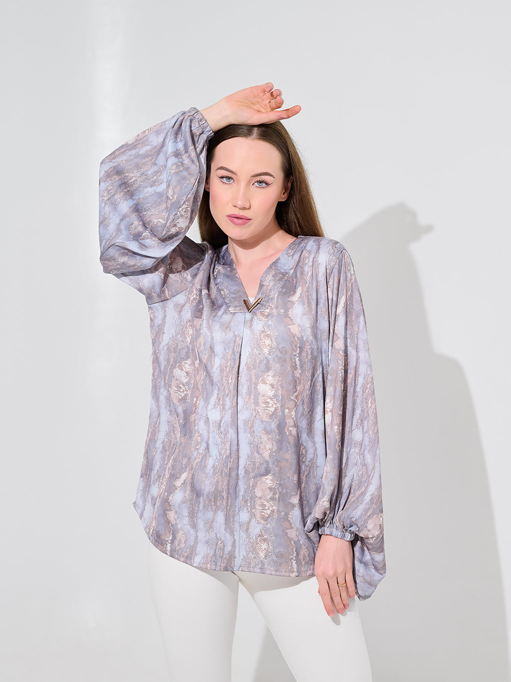 Lilac Shimmer Balloon Sleeve Blouse