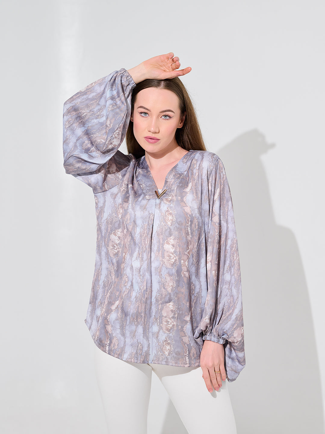 Lilac Shimmer Balloon Sleeve Blouse