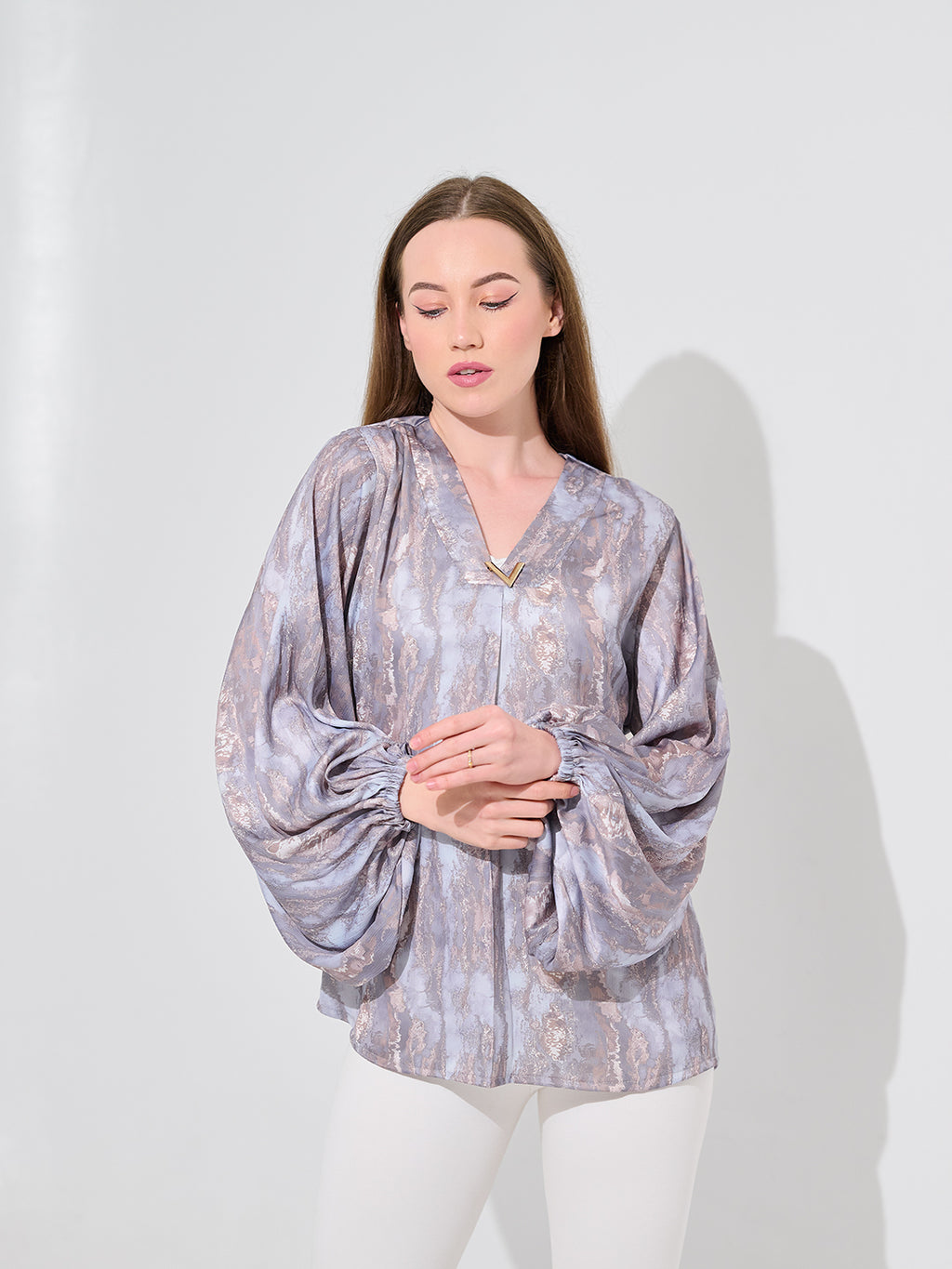 Lilac Shimmer Balloon Sleeve Blouse