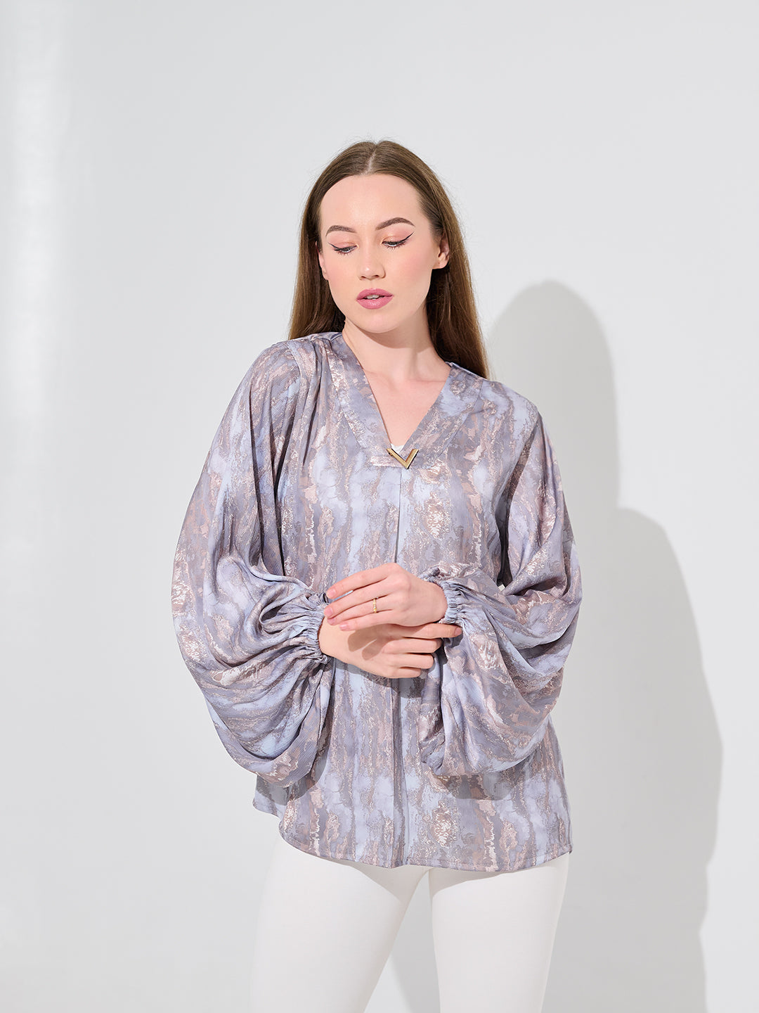 Lilac Shimmer Balloon Sleeve Blouse