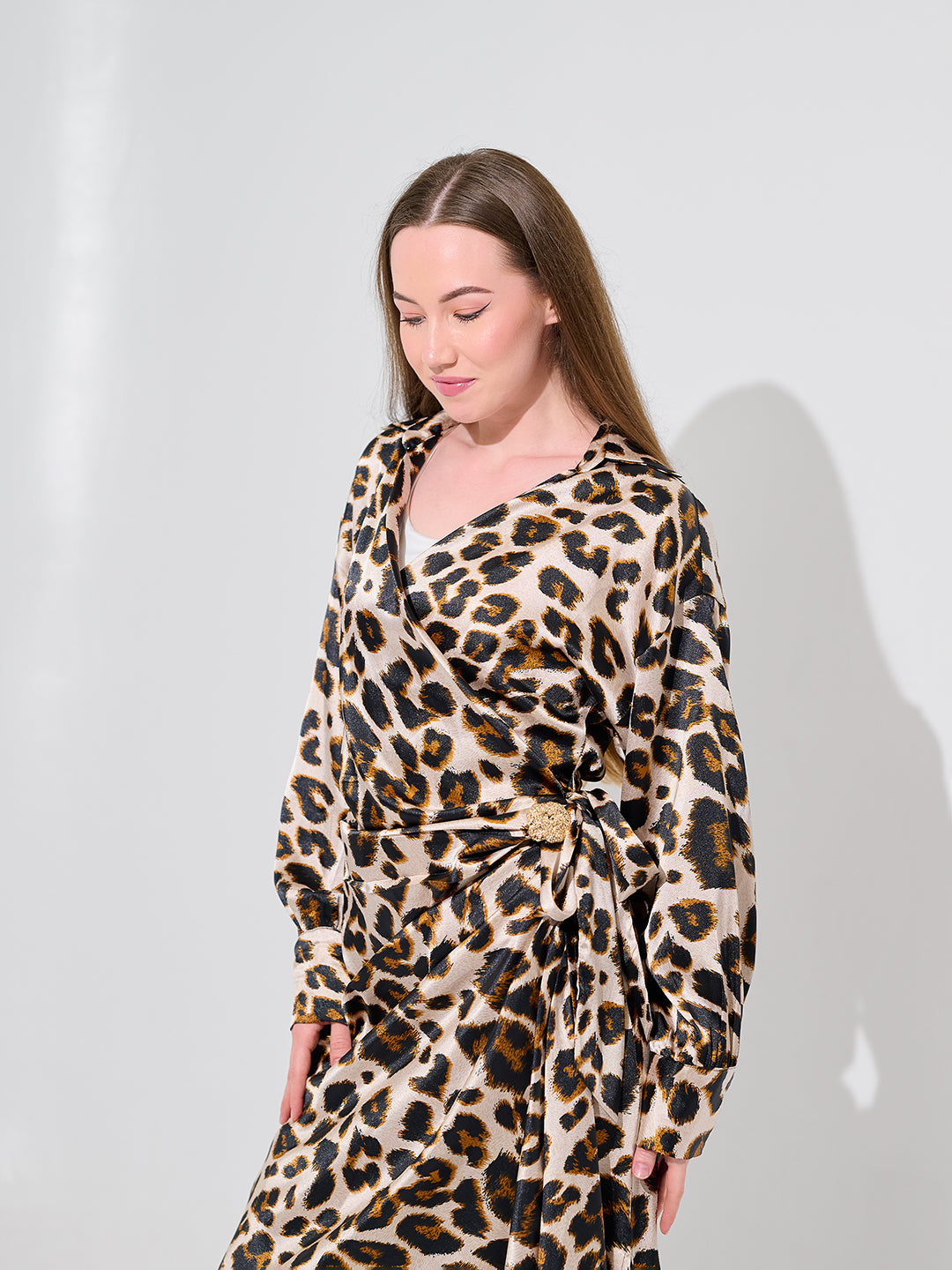 Camel Leopard Satin Wrap Dress