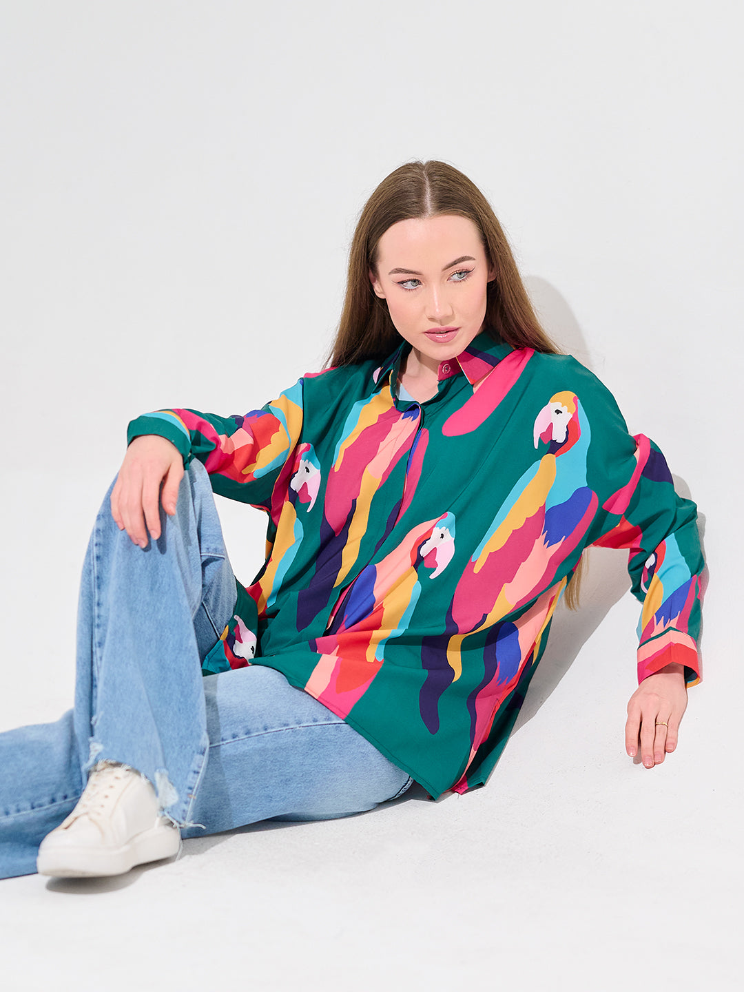 Merald Parrot Print Oversized Shirt