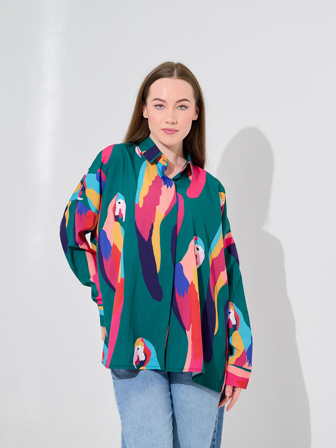 Merald Parrot Print Oversized Shirt