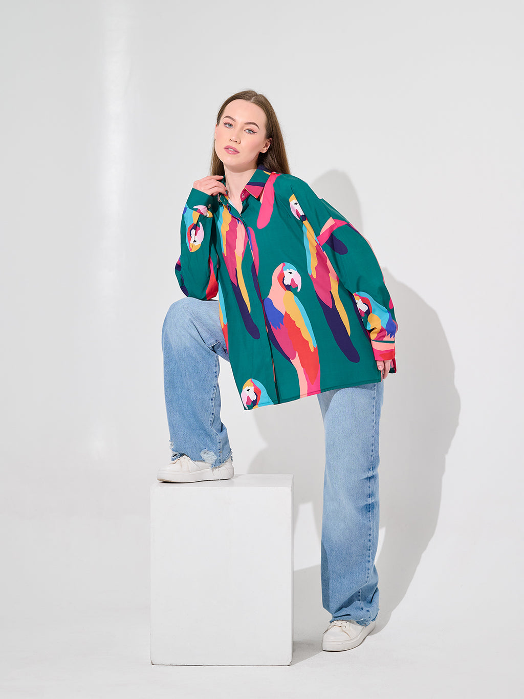 Merald Parrot Print Oversized Shirt