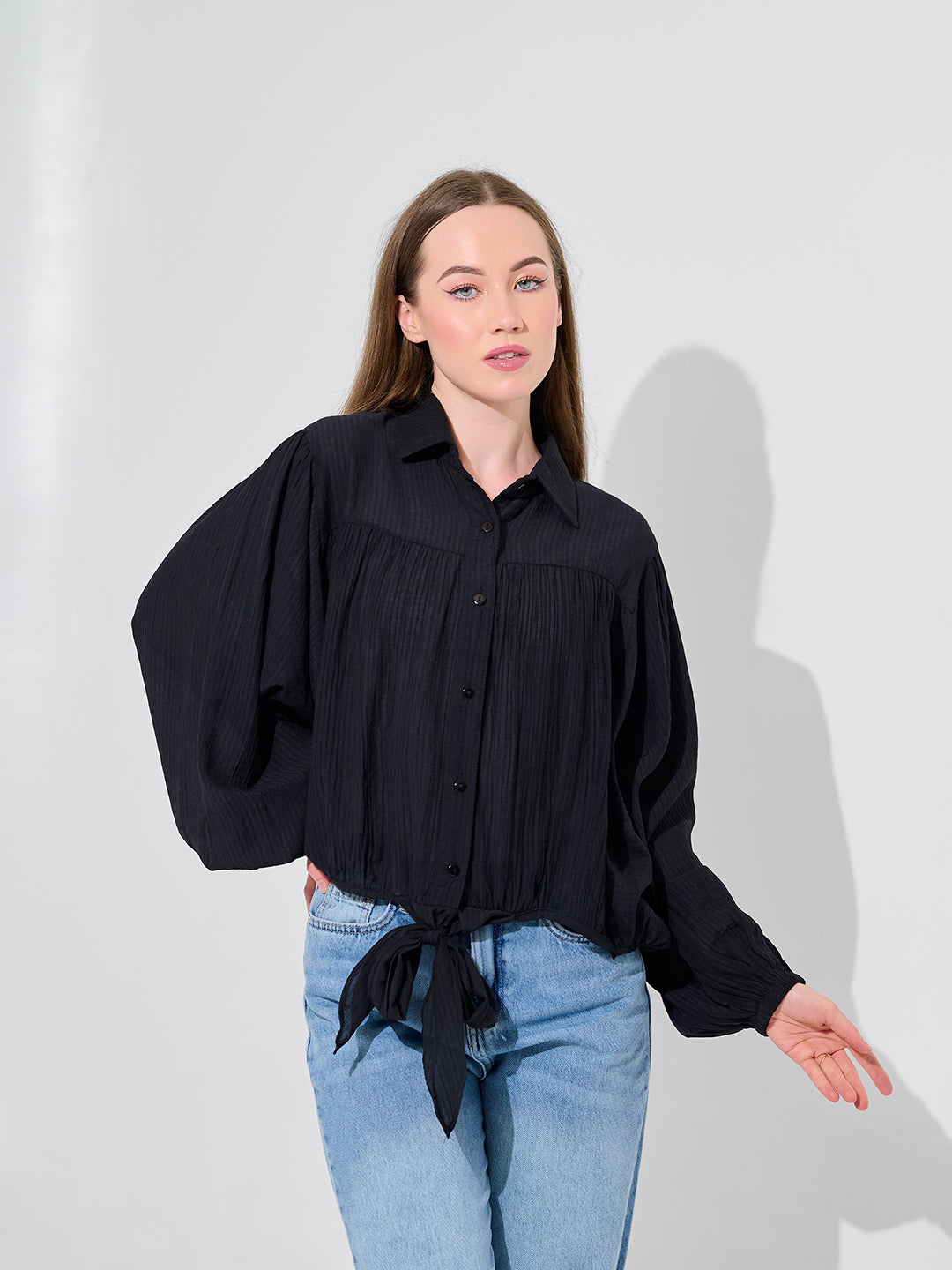 Black Balloon-Sleeve Blouse