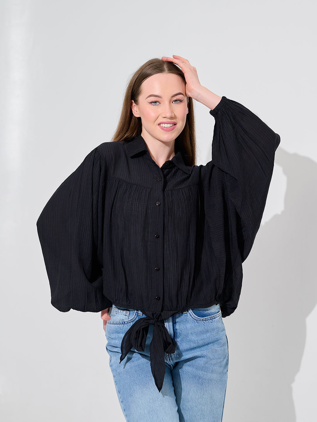 Black Balloon-Sleeve Blouse
