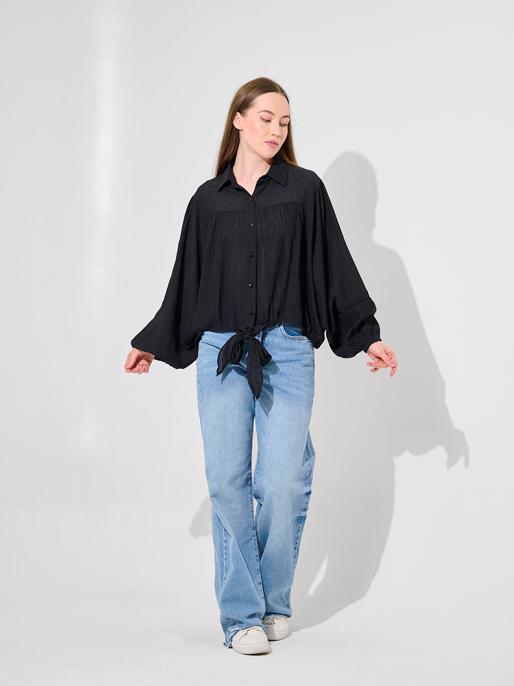 Black Balloon-Sleeve Blouse