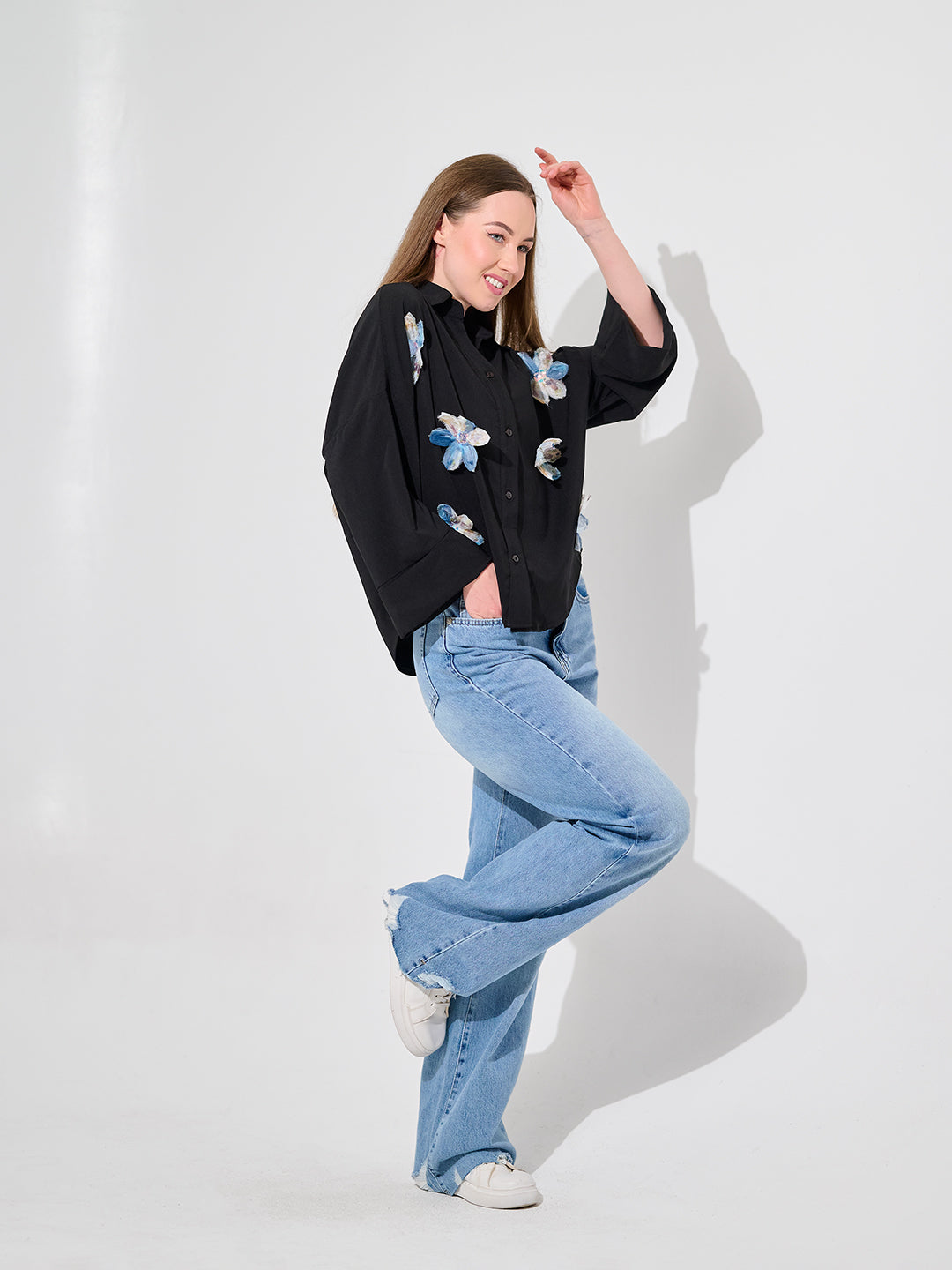 Black Bloom Appliqué Blouse