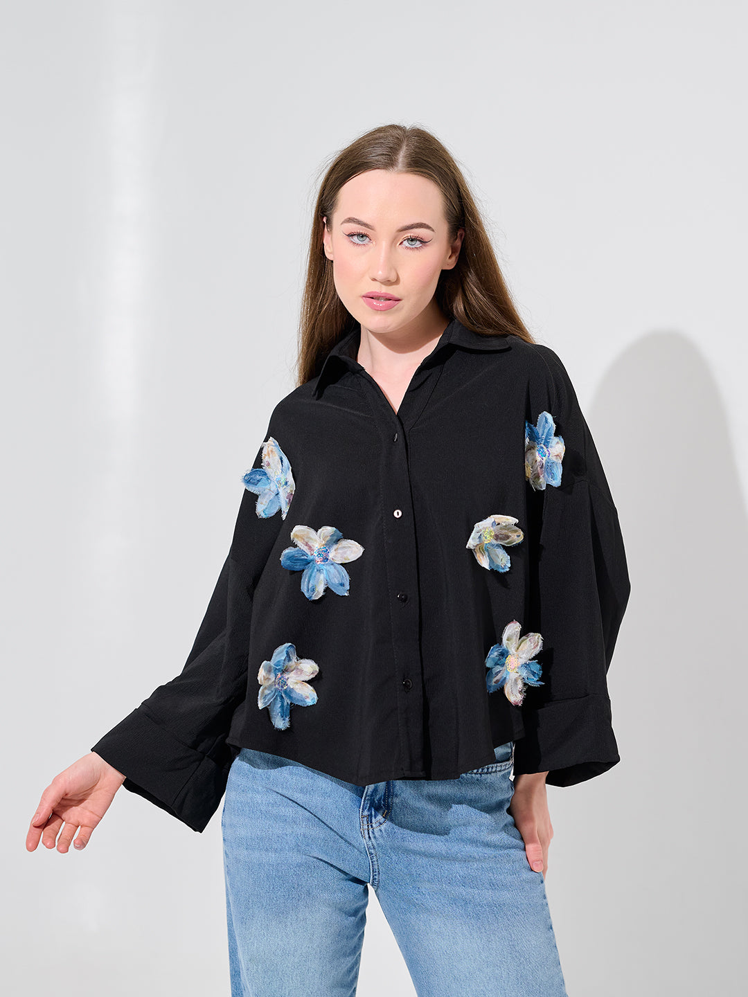 Black Bloom Appliqué Blouse
