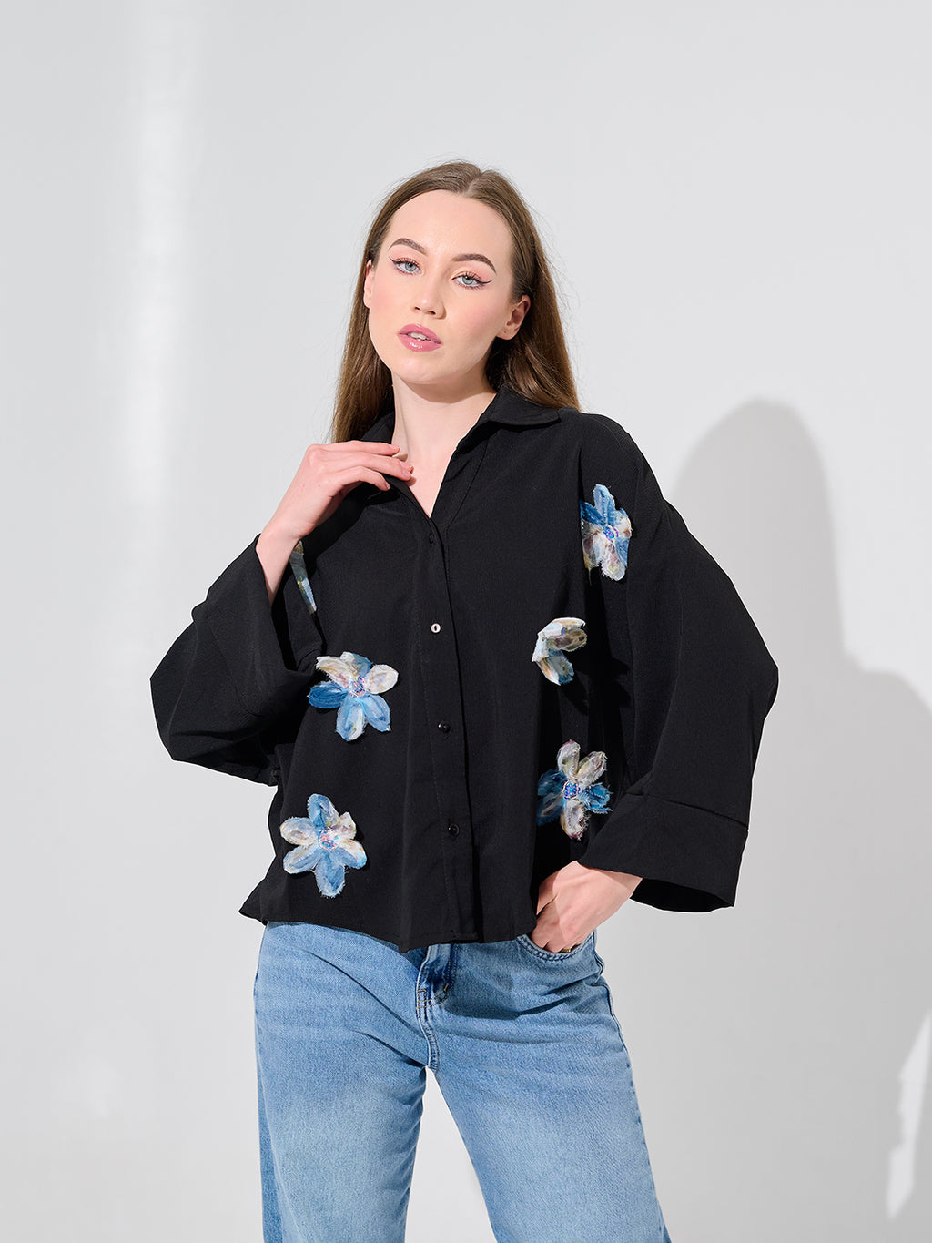 Black Bloom Appliqué Blouse