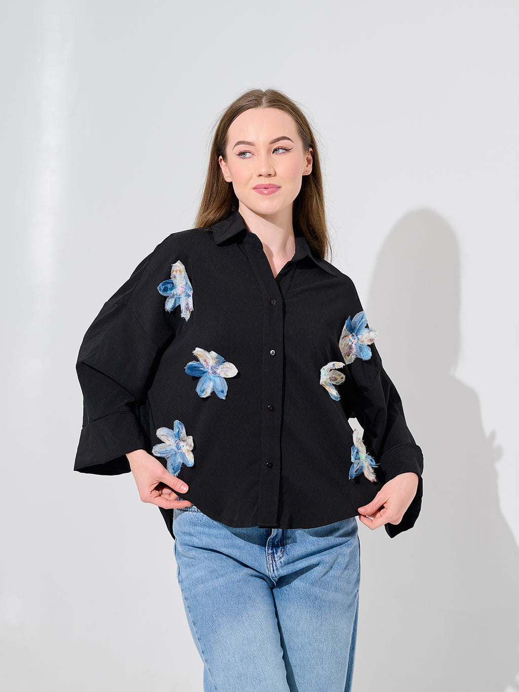 Black Bloom Appliqué Blouse