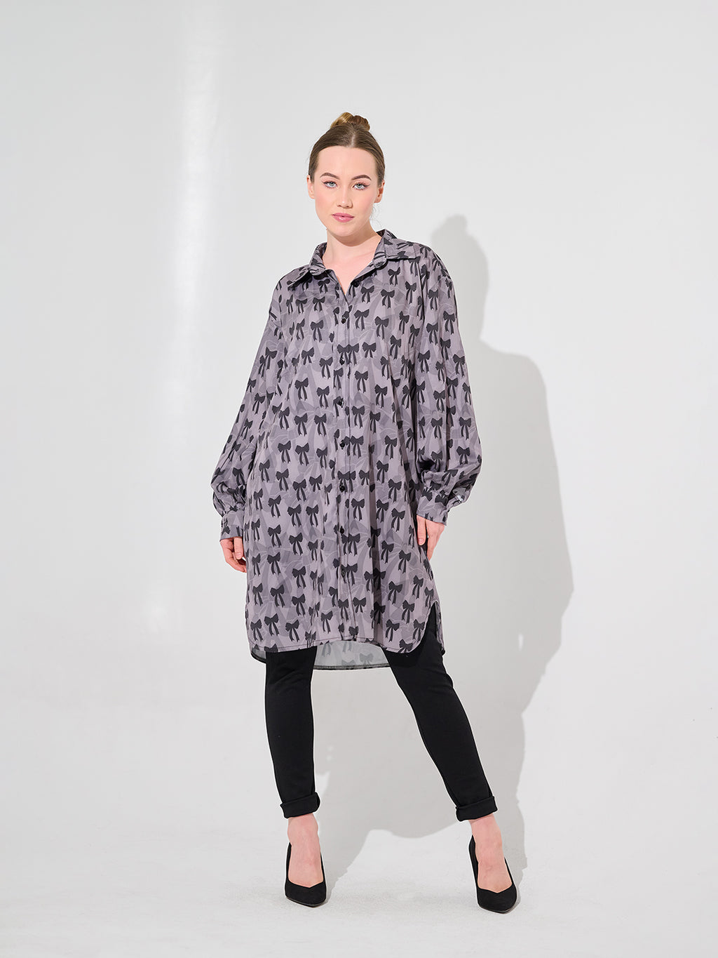 Grey Bow Print Longline Oversized Blouse
