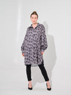 Grey Bow Print Longline Oversized Blouse