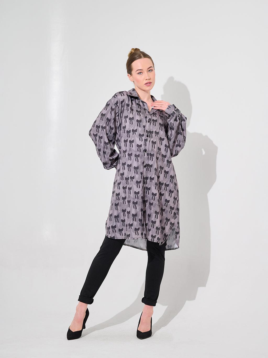 Grey Bow Print Longline Oversized Blouse