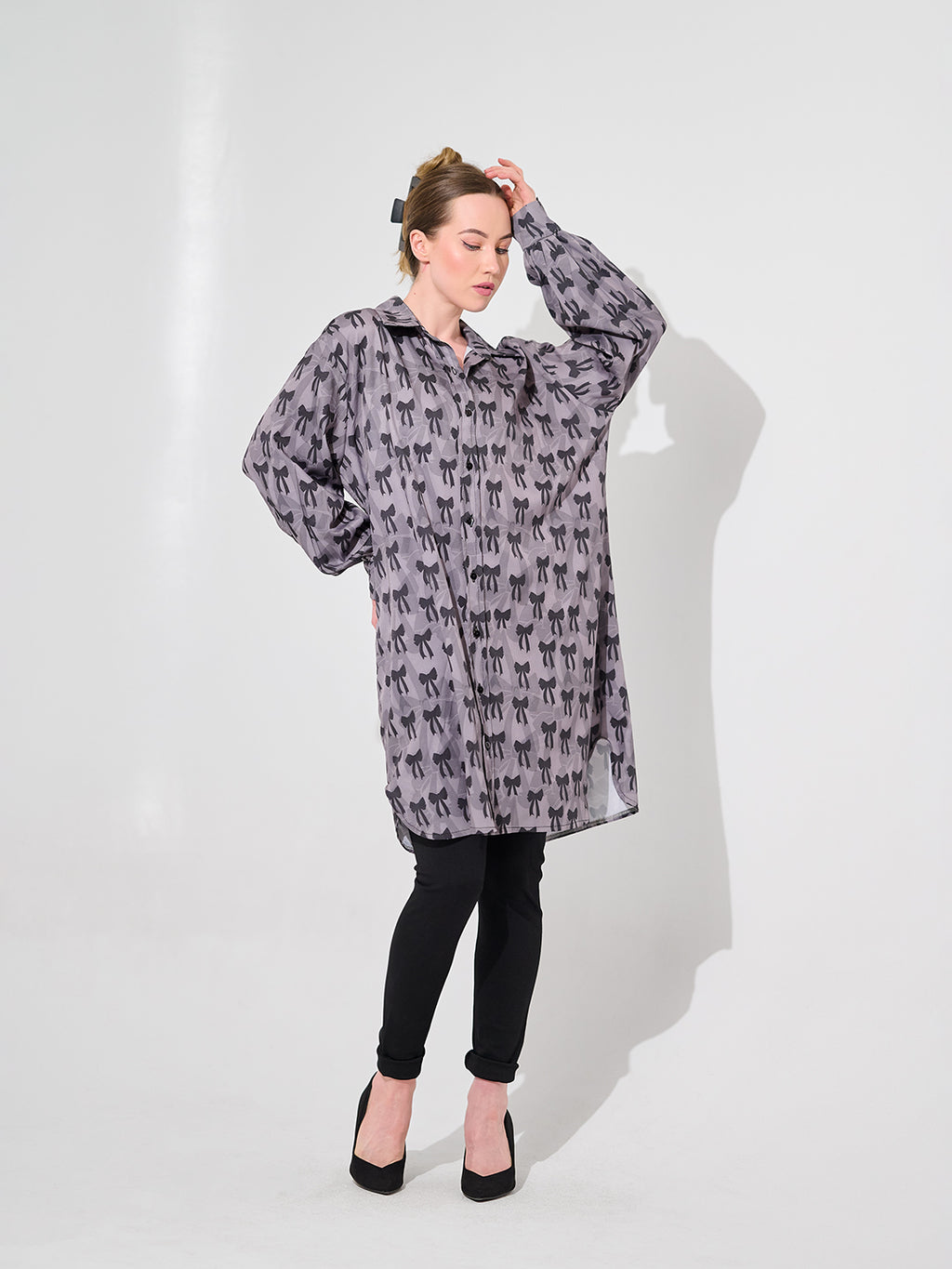 Grey Bow Print Longline Oversized Blouse