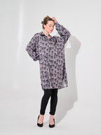Grey Bow Print Longline Oversized Blouse