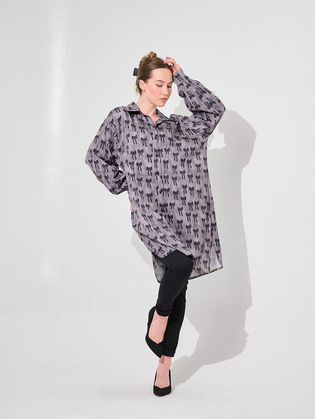 Grey Bow Print Longline Oversized Blouse
