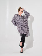 Grey Bow Print Longline Oversized Blouse