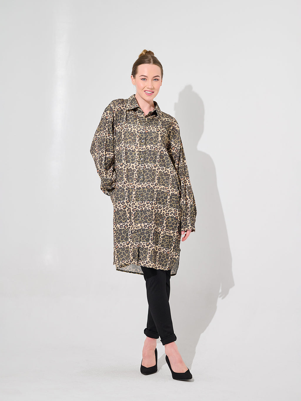 Camel Patchwork Leopard Print Longline Blouse