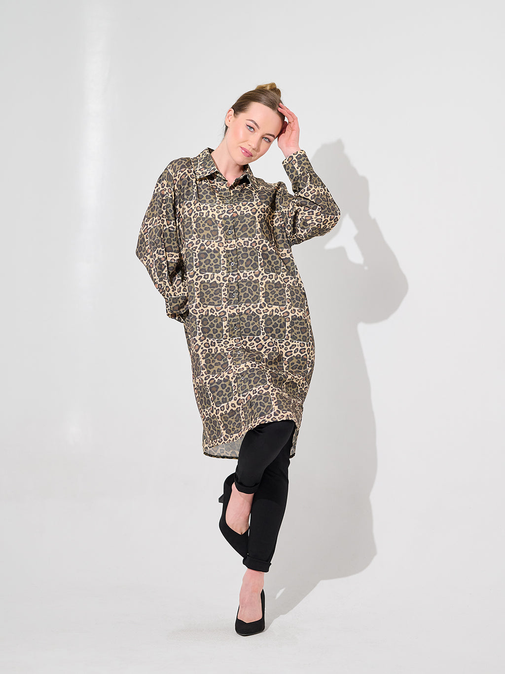 Camel Patchwork Leopard Print Longline Blouse