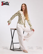Cream Green Floral Lace Wrap Blouse