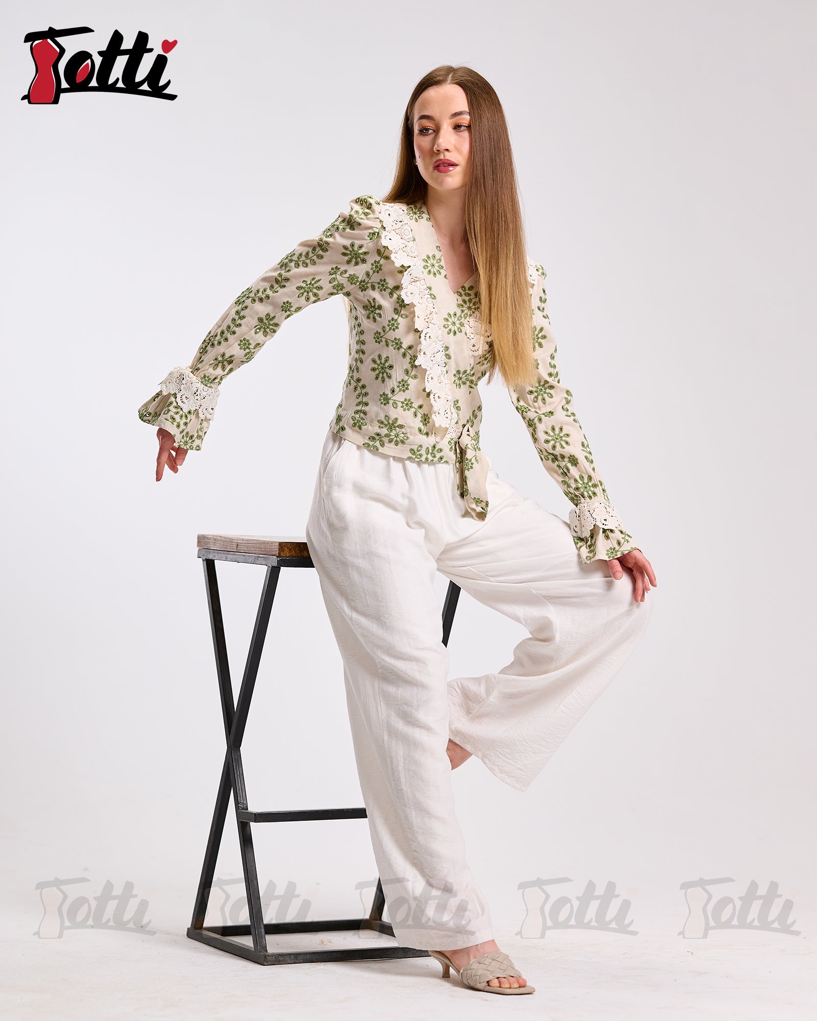 Cream Green Floral Lace Wrap Blouse