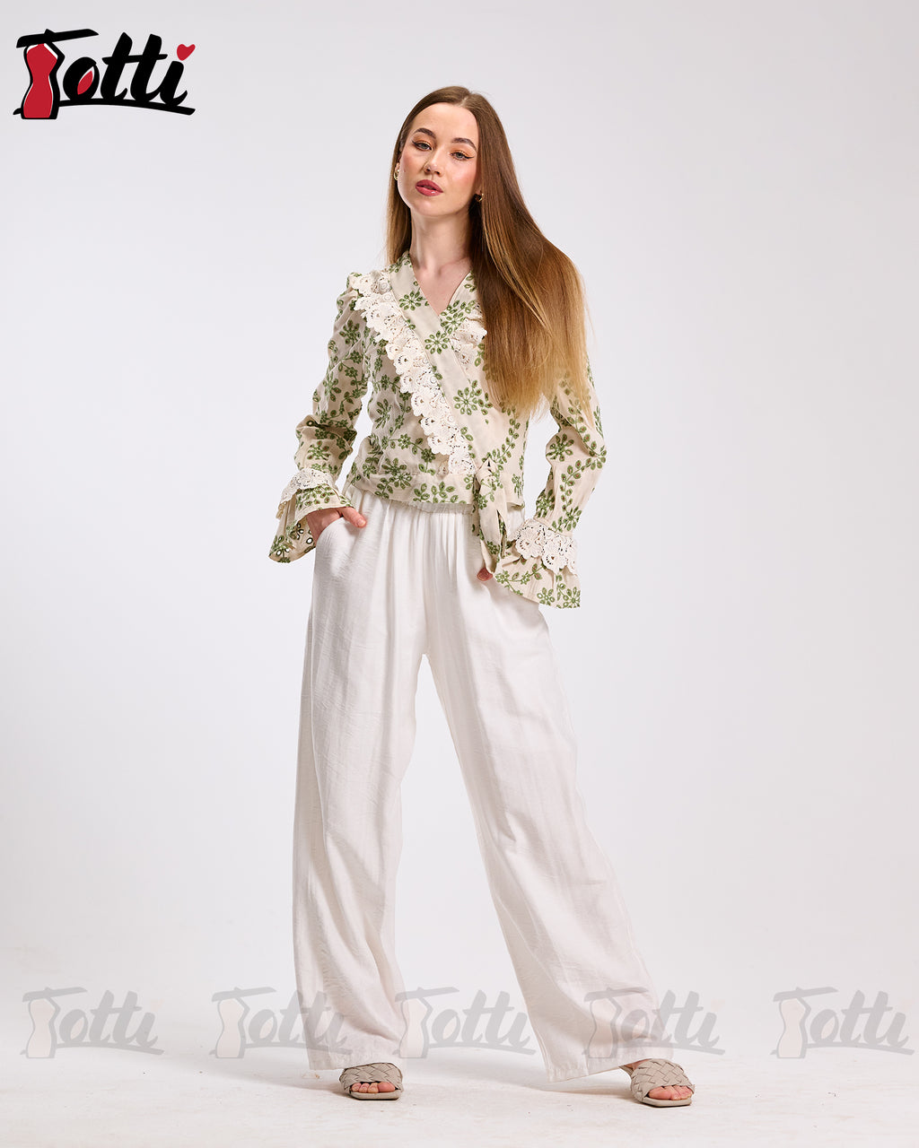 Cream Green Floral Lace Wrap Blouse