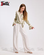 Cream Green Floral Lace Wrap Blouse