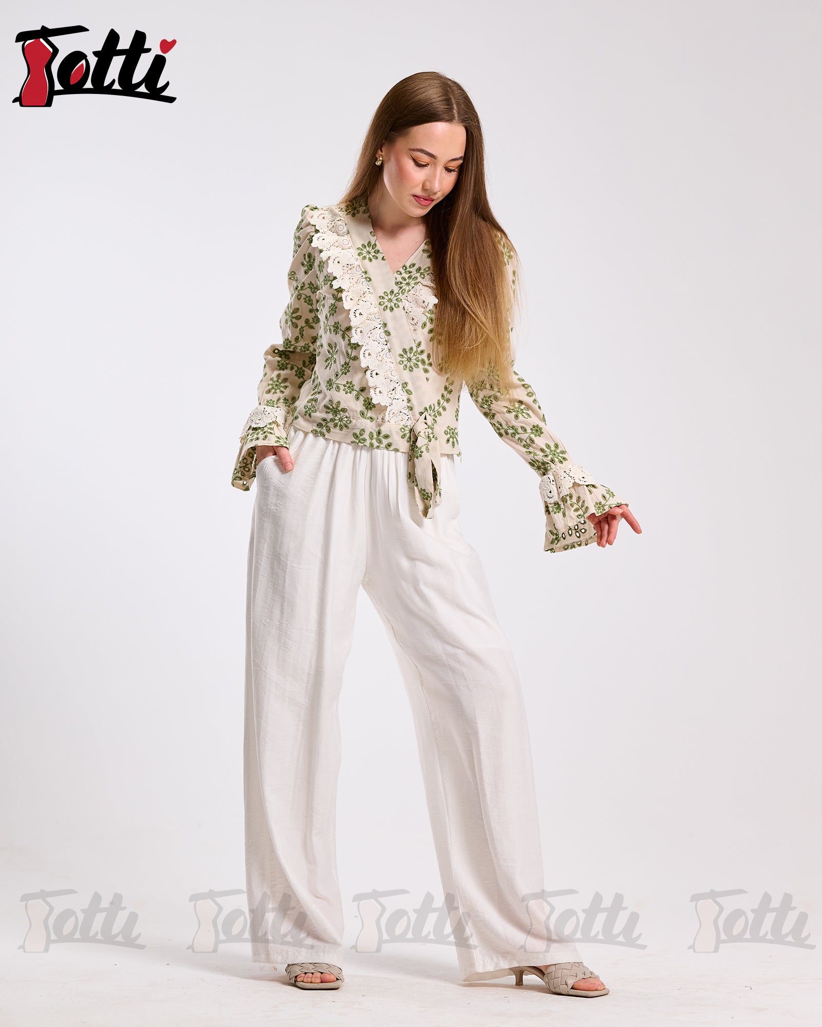 Cream Green Floral Lace Wrap Blouse