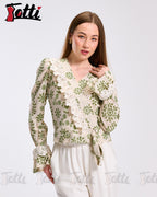 Cream Green Floral Lace Wrap Blouse