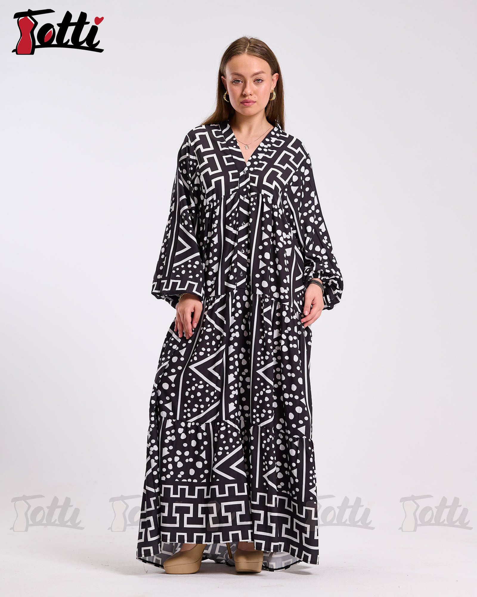 Black Geo Print Tiered Dress