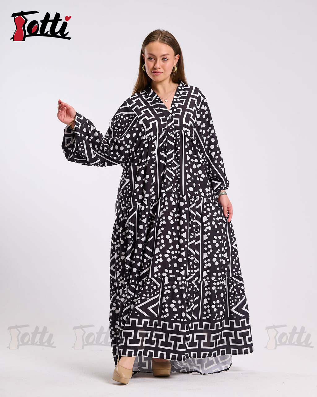 Black Geo Print Tiered Dress