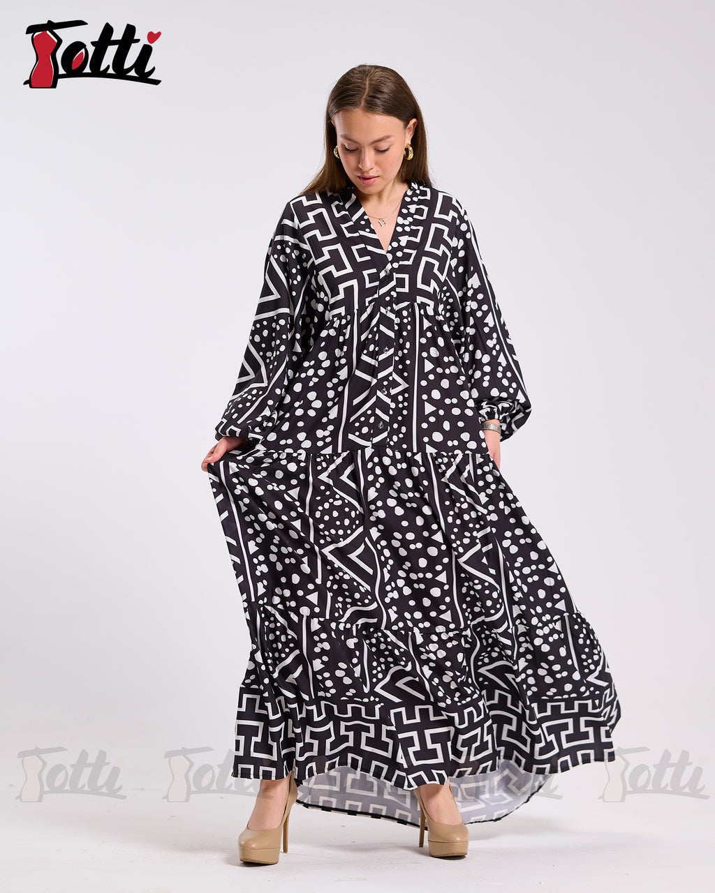 Black Geo Print Tiered Dress