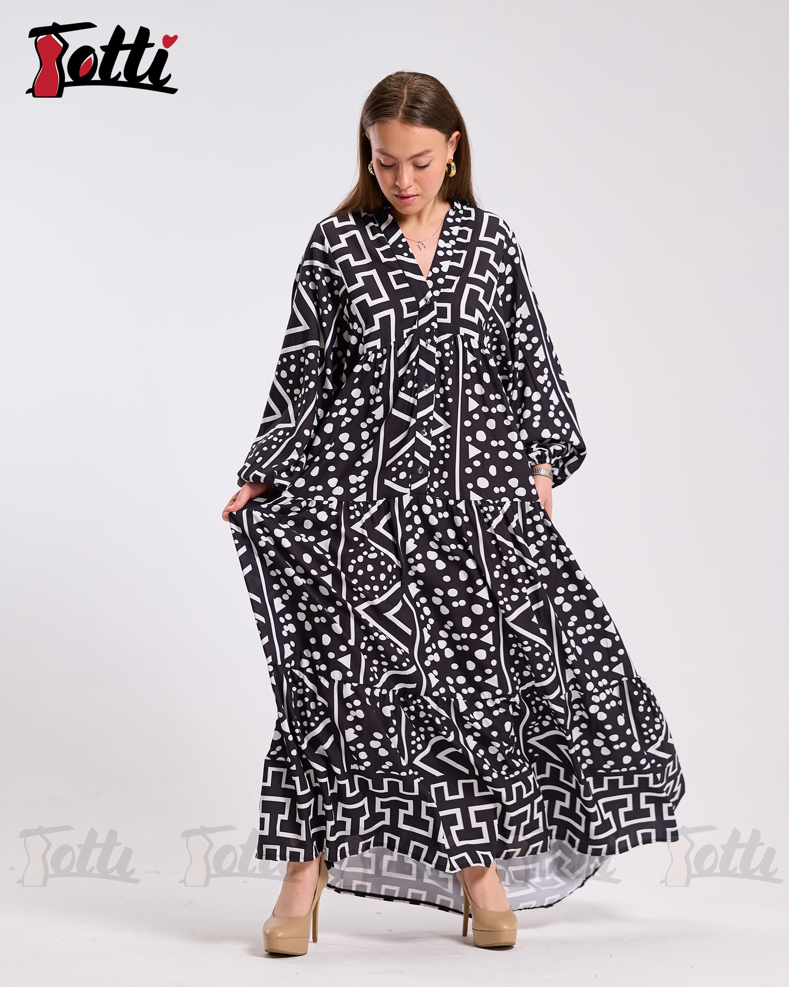 Black Geo Print Tiered Dress