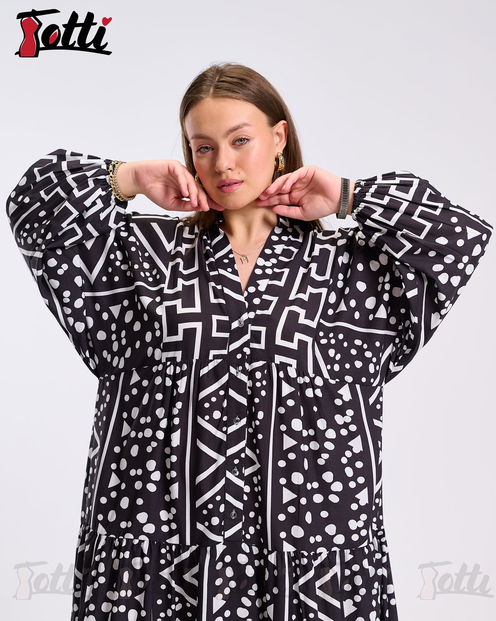 Black Geo Print Tiered Dress