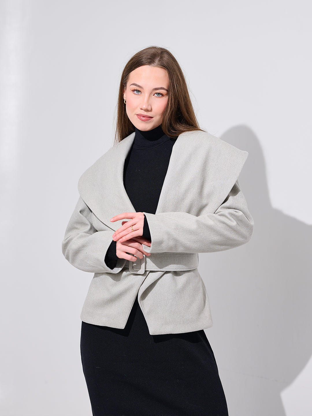 Oversized Collar Belted Jacket