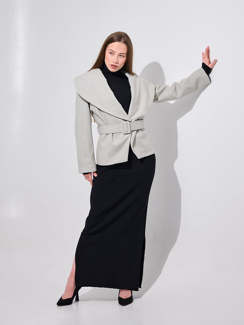 Oversized Collar Belted Jacket