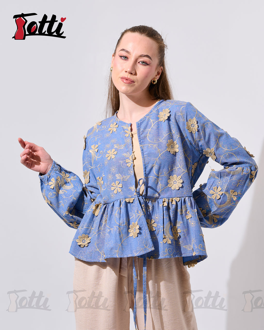 Blue Gold Bloom Peplum Top