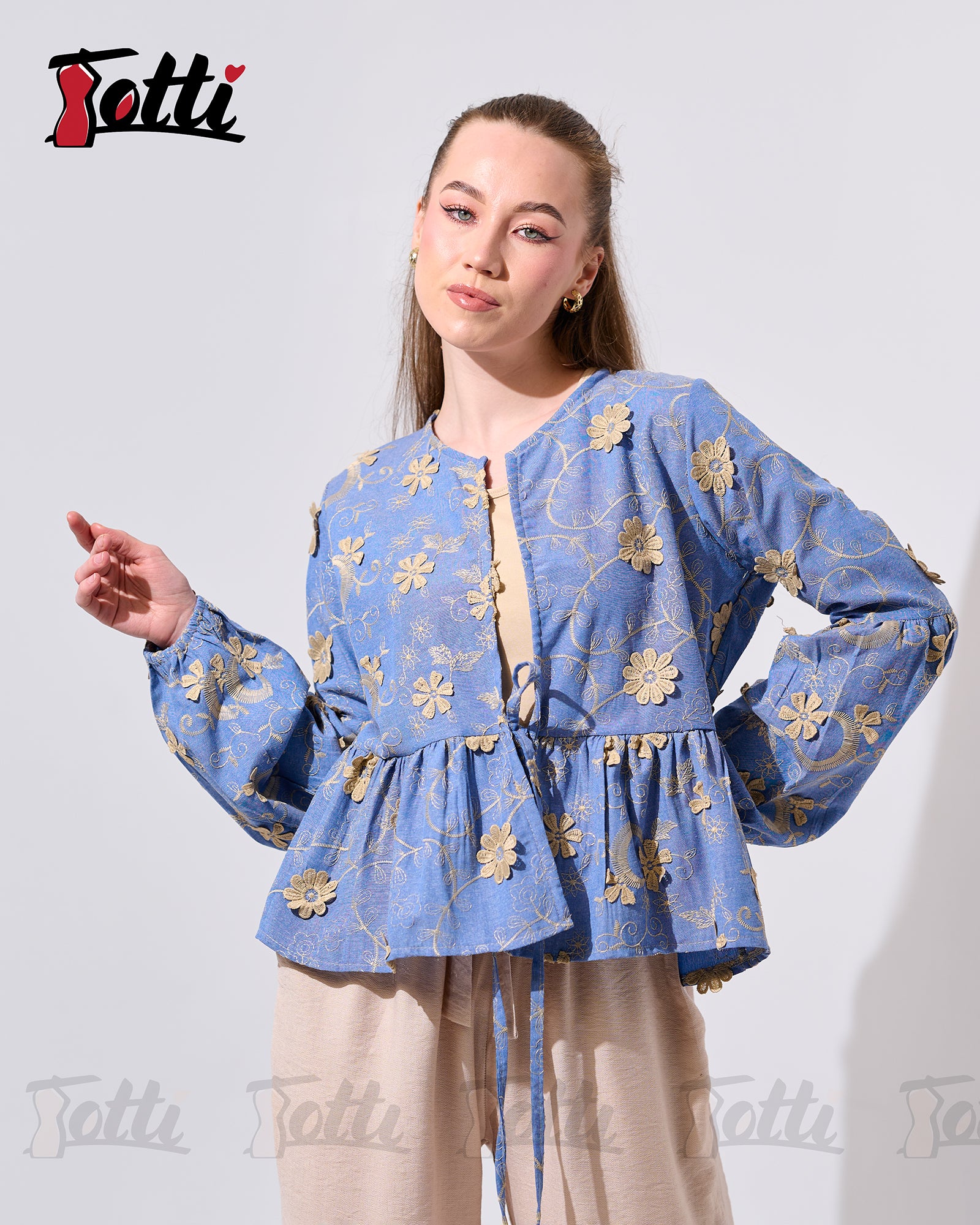 Blue Gold Bloom Peplum Top
