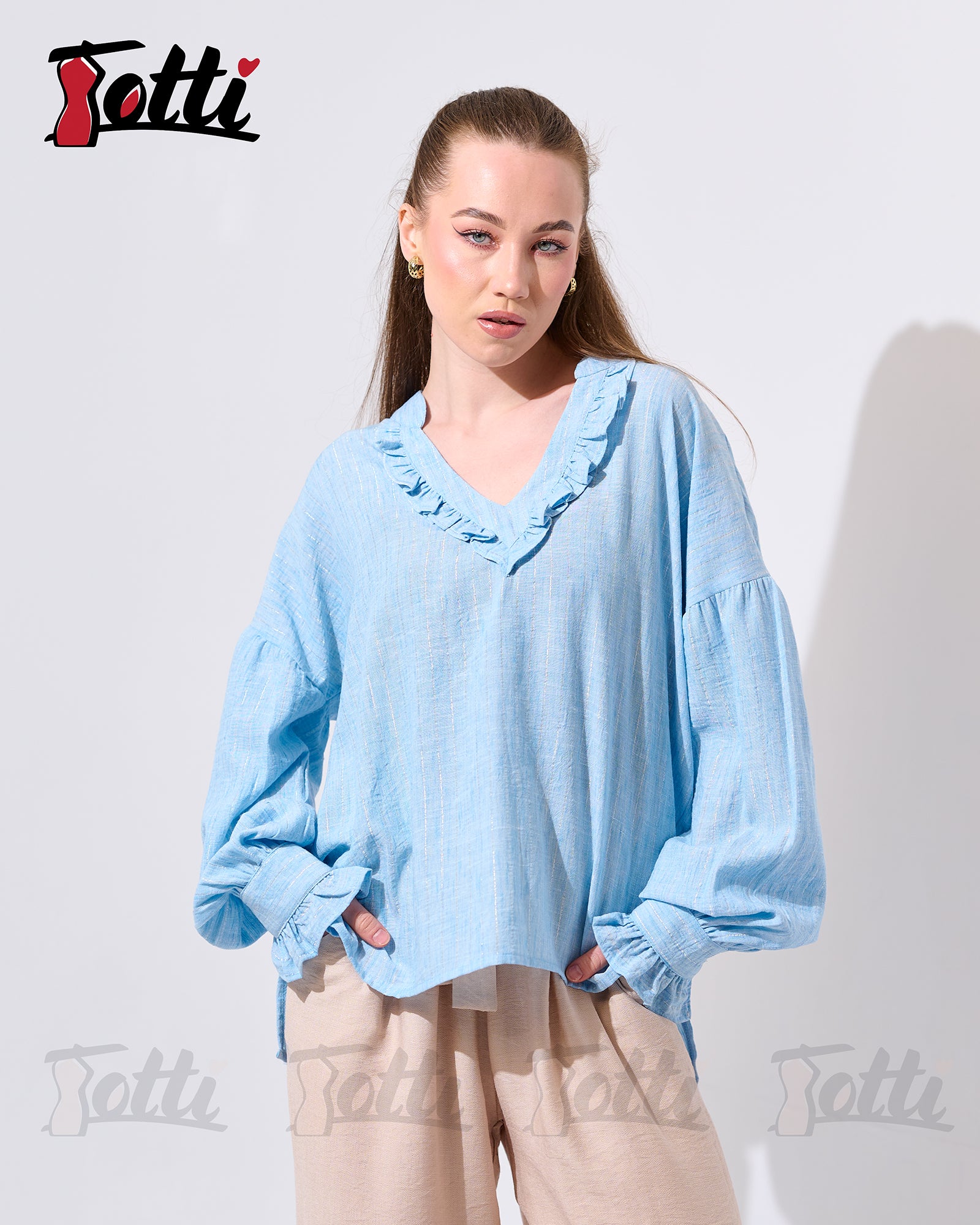 The Light Blue Ruffled V-Neck Blouse