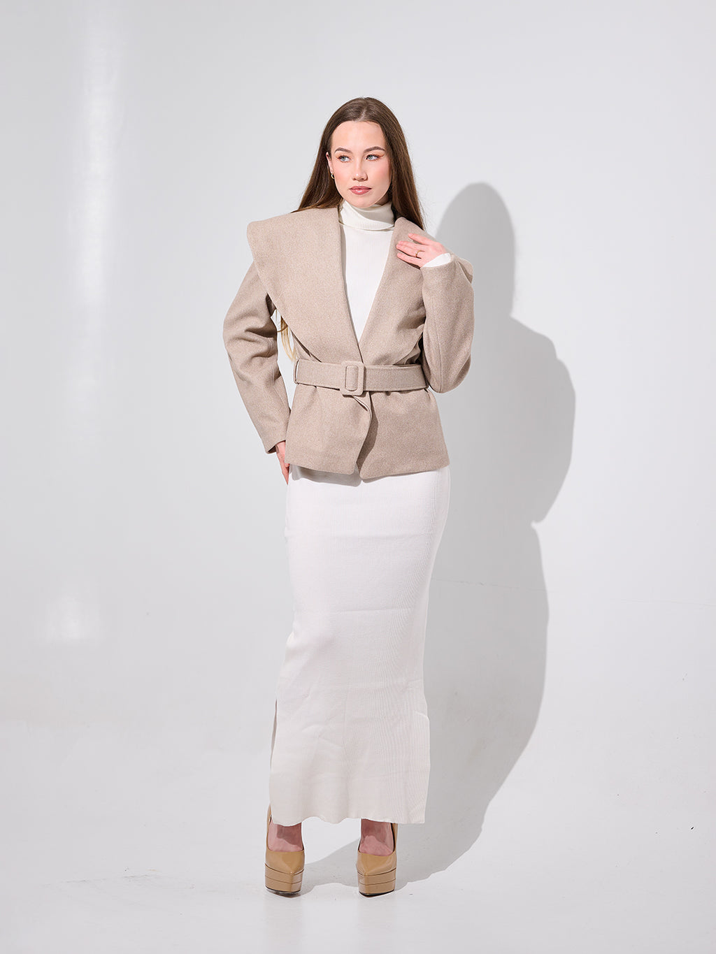 Oversized Collar Belted Jacket