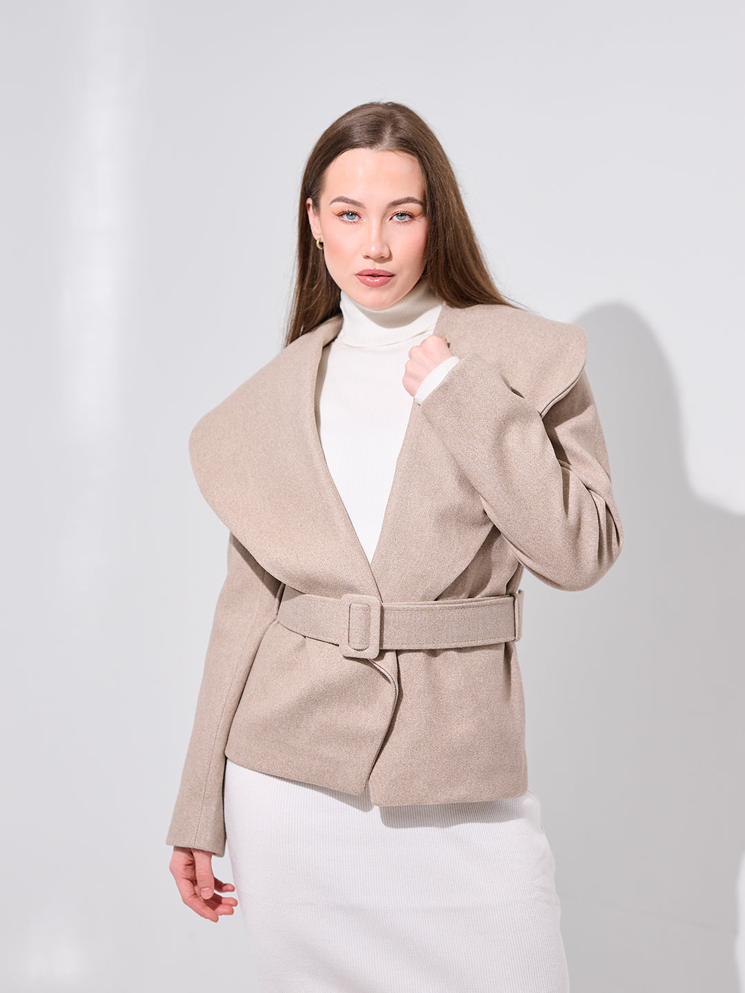 Oversized Collar Belted Jacket