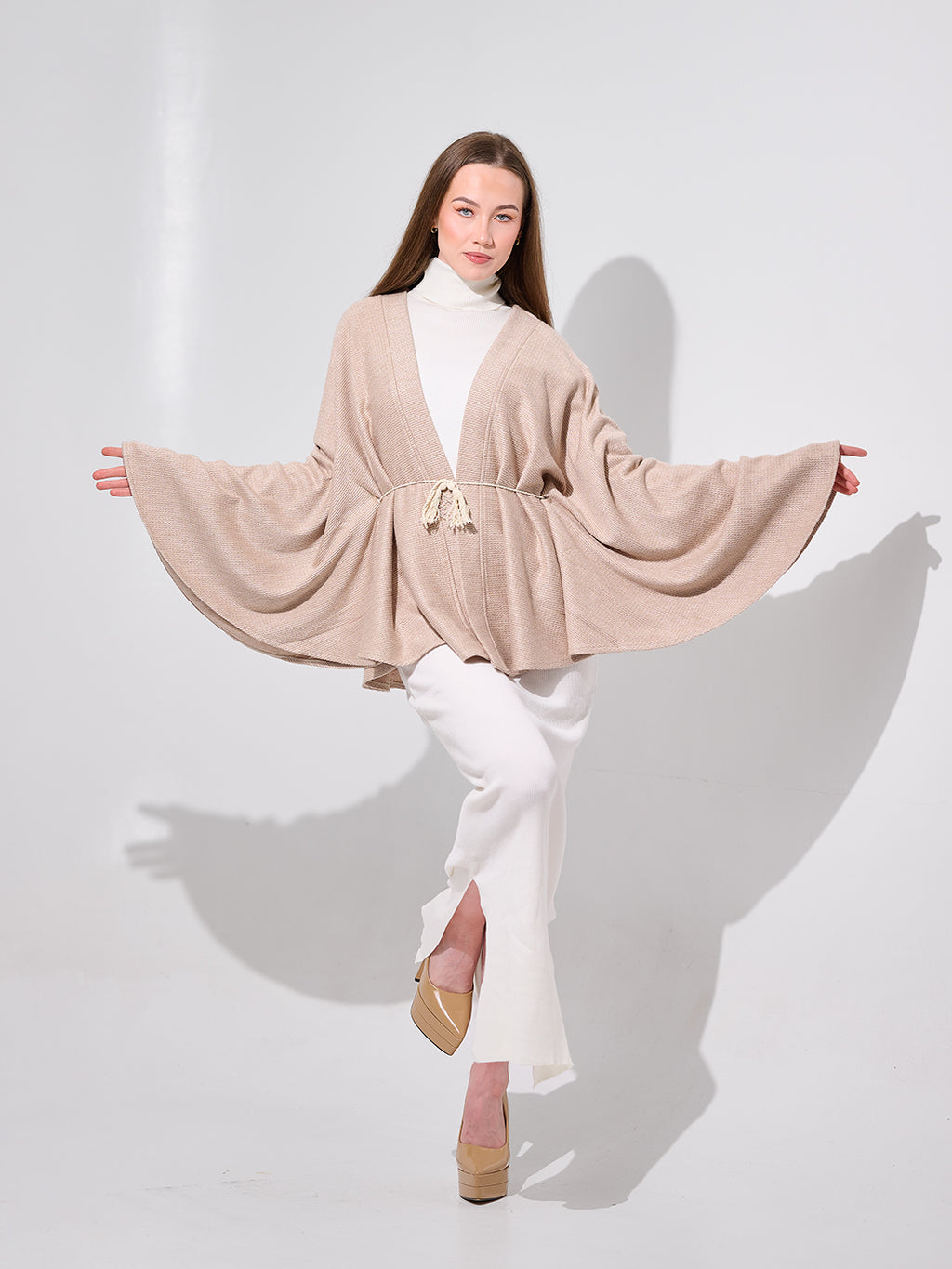 Beige Belted Kimono Cape