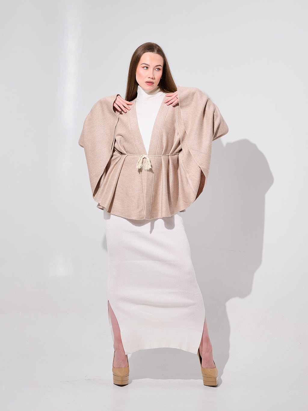 Beige Belted Kimono Cape
