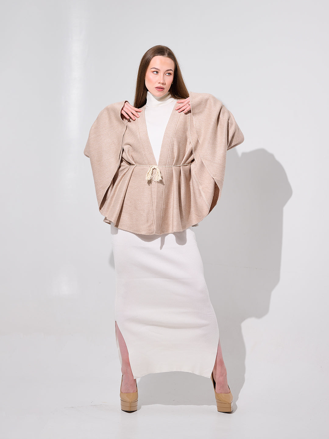Beige Belted Kimono Cape
