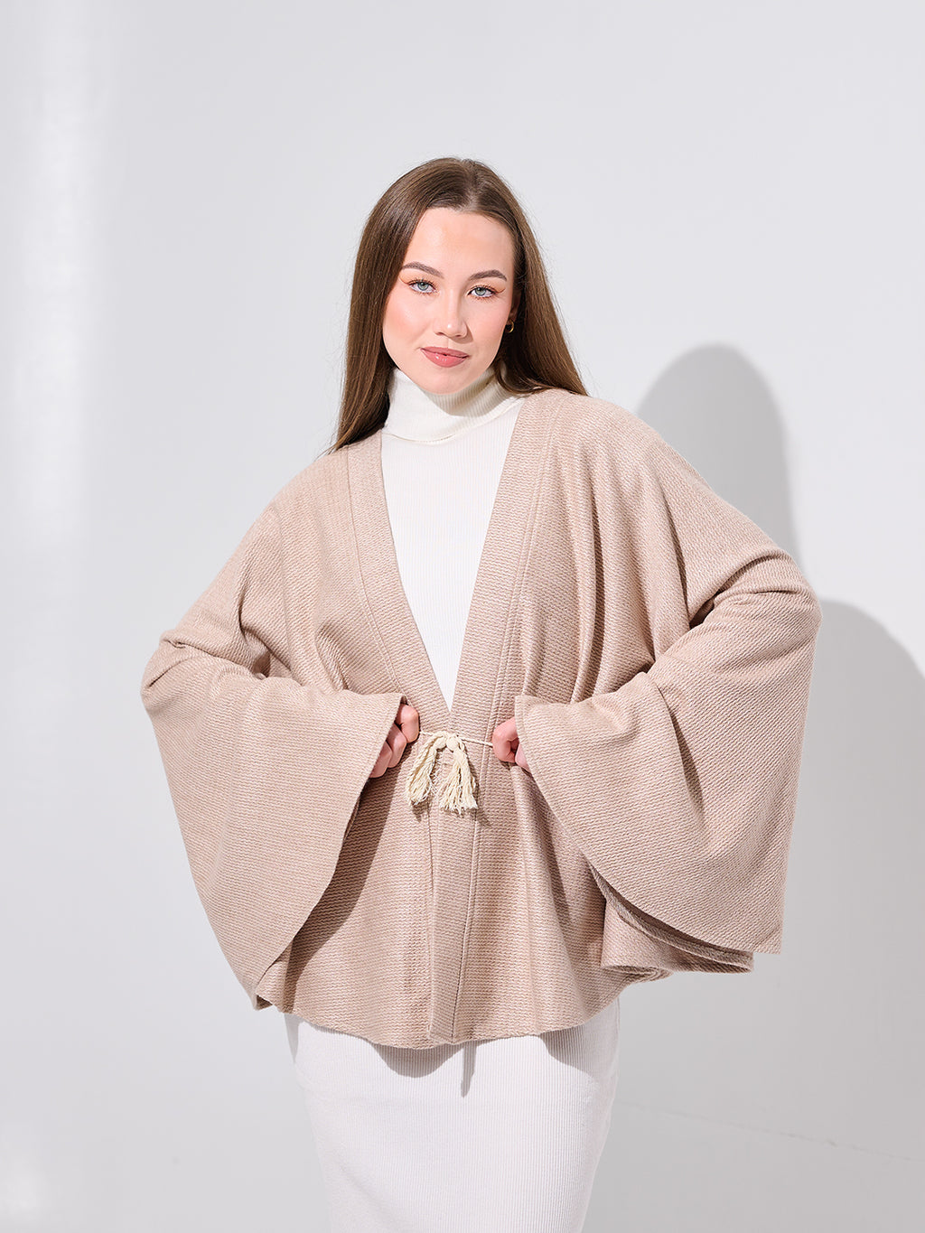 Beige Belted Kimono Cape
